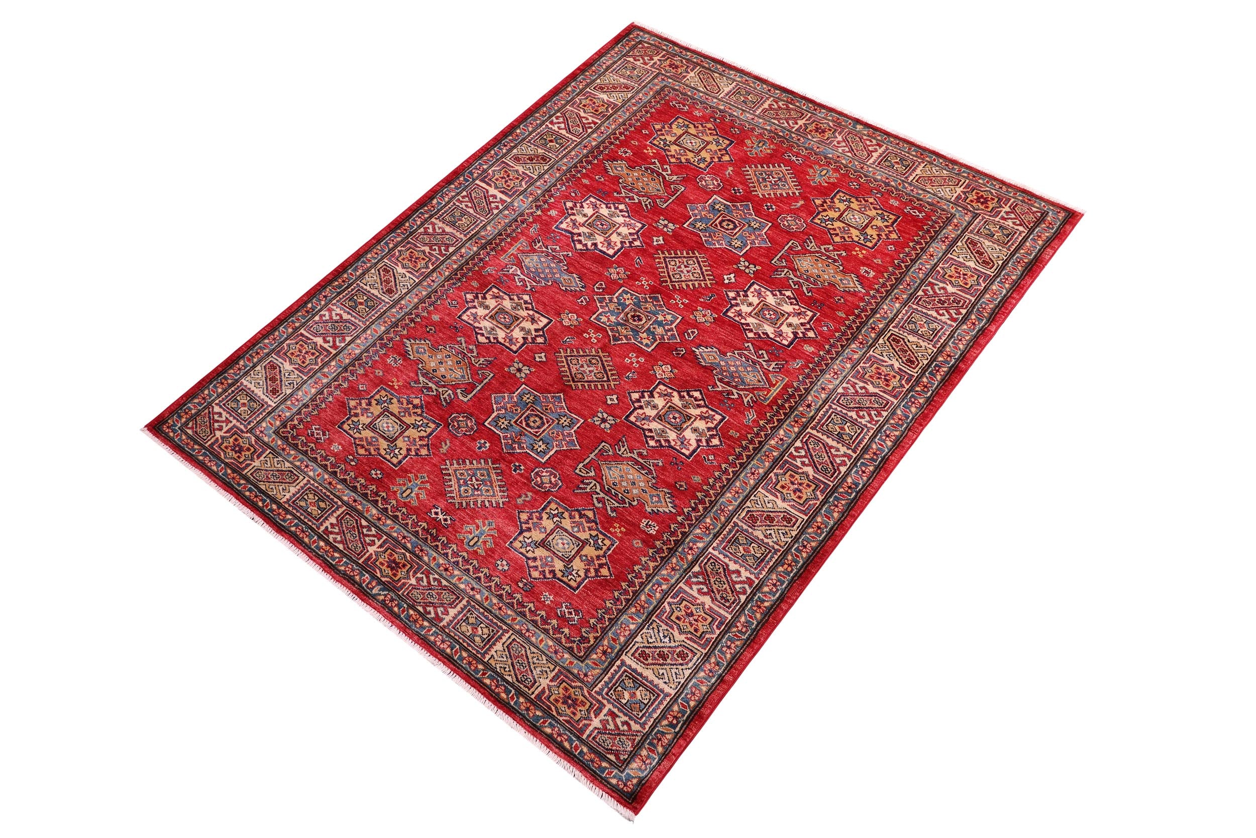 handmade Geometric Super Kazak Red Tan Hand Knotted RECTANGLE 100% WOOL area rug 5' x 7'