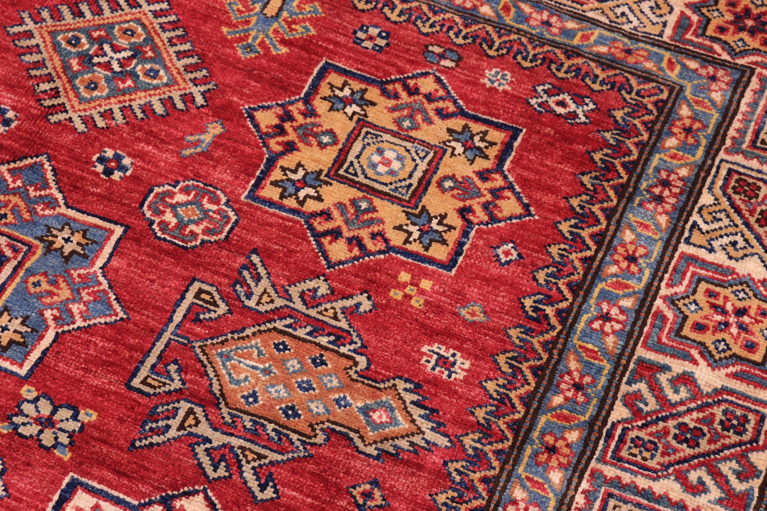 handmade Geometric Super Kazak Red Tan Hand Knotted RECTANGLE 100% WOOL area rug 5' x 7'