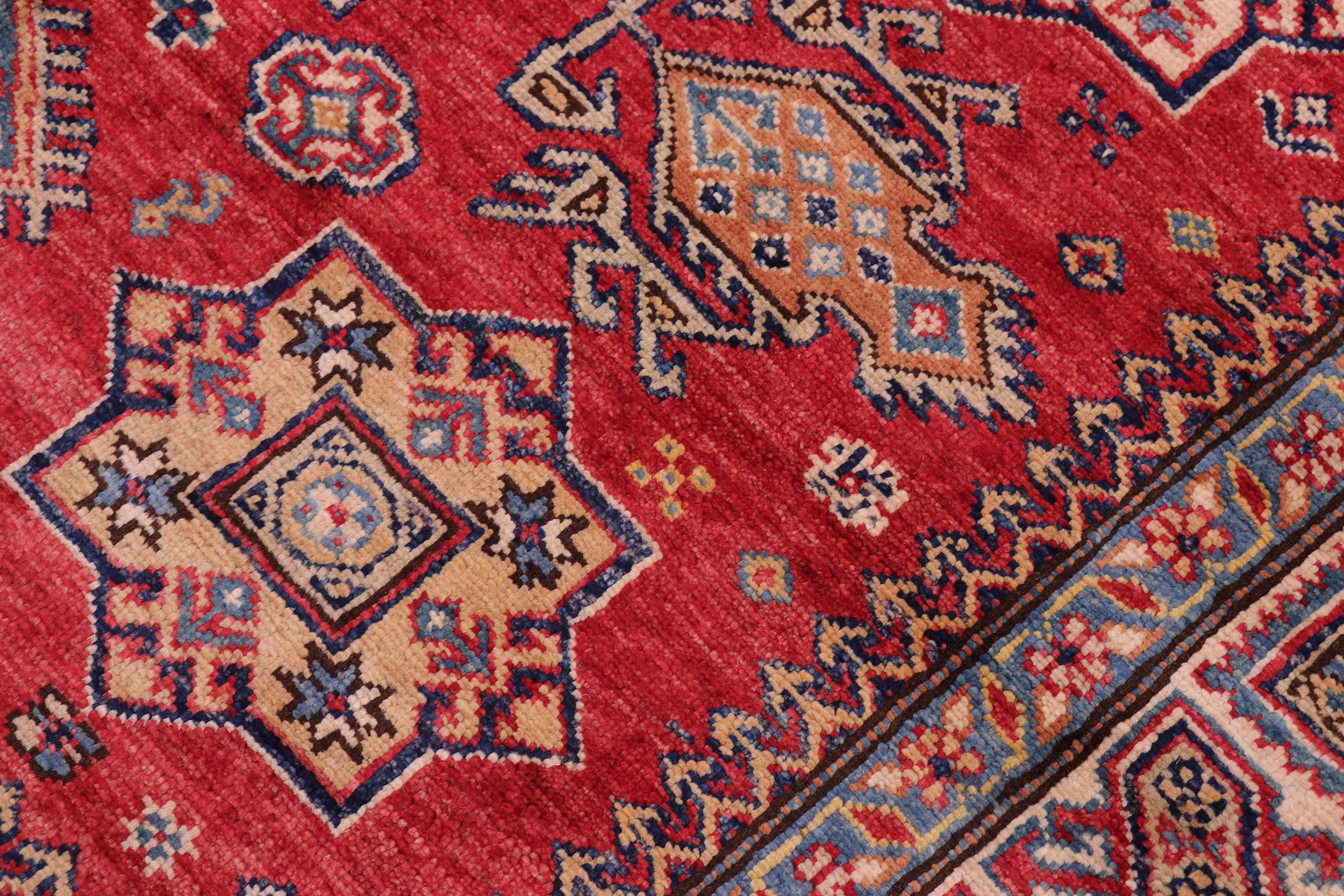 handmade Geometric Super Kazak Red Tan Hand Knotted RECTANGLE 100% WOOL area rug 5' x 7'