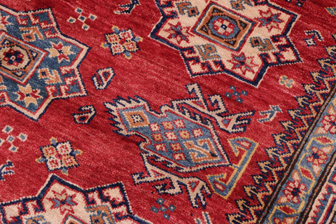 handmade Geometric Super Kazak Red Tan Hand Knotted RECTANGLE 100% WOOL area rug 5' x 7'