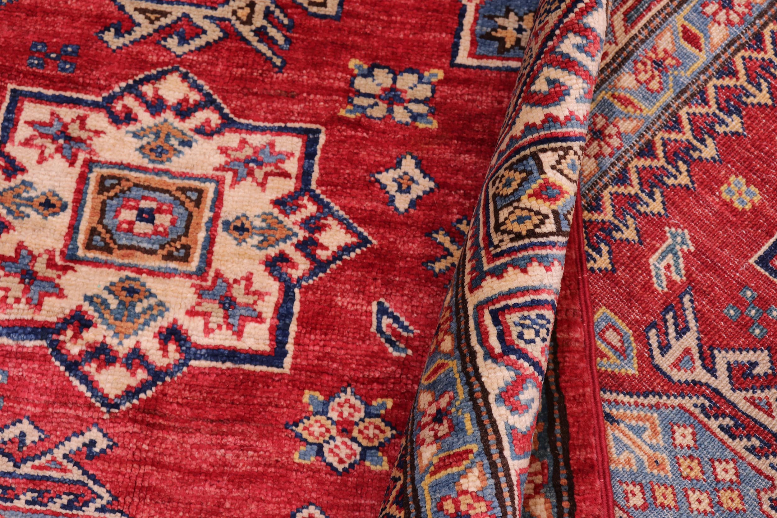 handmade Geometric Super Kazak Red Tan Hand Knotted RECTANGLE 100% WOOL area rug 5' x 7'