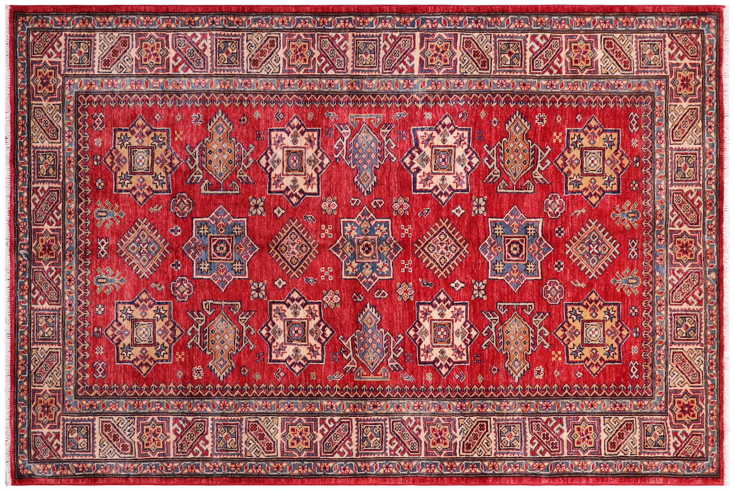 handmade Geometric Super Kazak Red Tan Hand Knotted RECTANGLE 100% WOOL area rug 5' x 7'