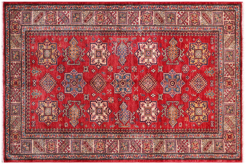 handmade Geometric Super Kazak Red Tan Hand Knotted RECTANGLE 100% WOOL area rug 5' x 7'