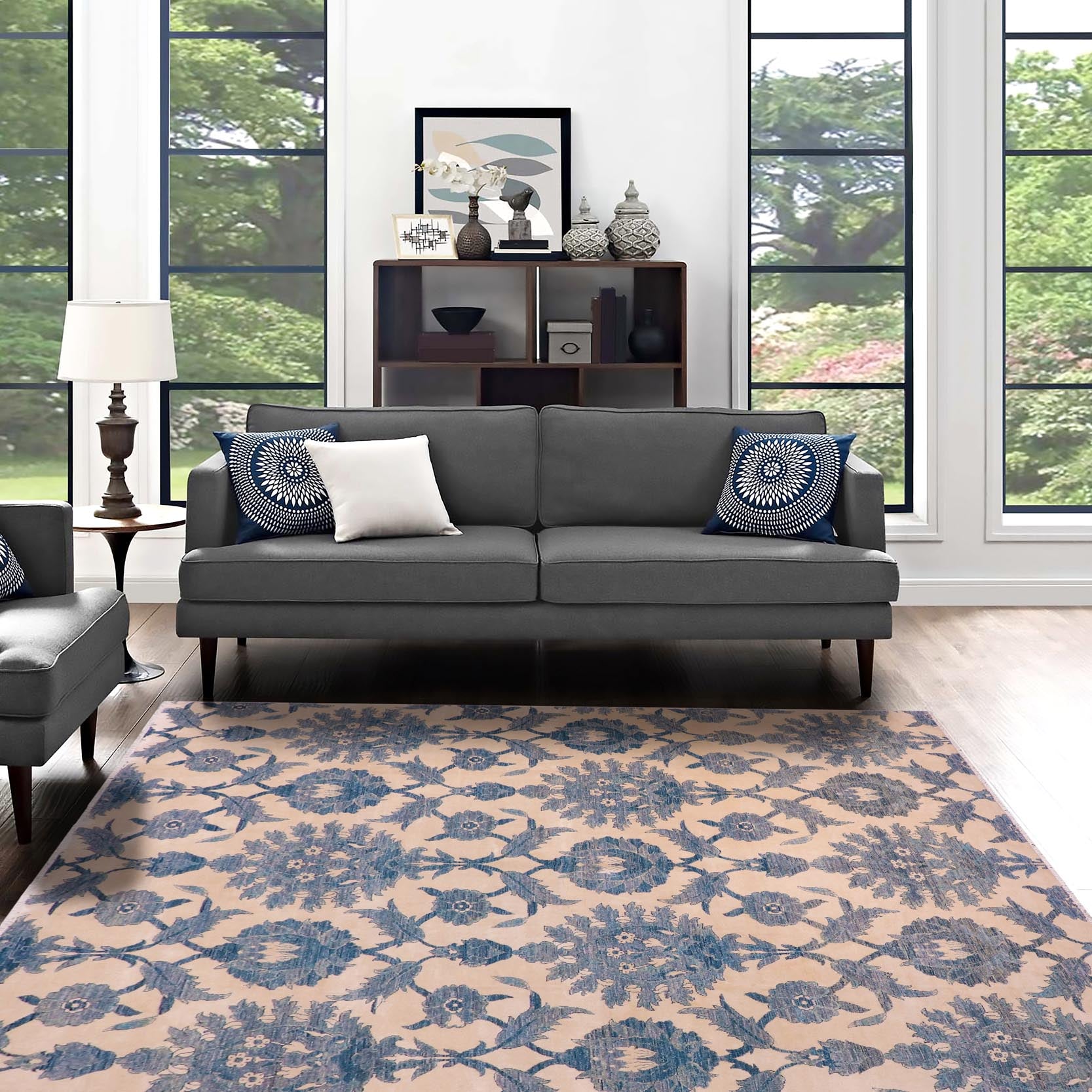 handmade Modern Kafkaz Ivory Blue Hand Knotted RECTANGLE WOOL&SILK area rug 8' x 10'