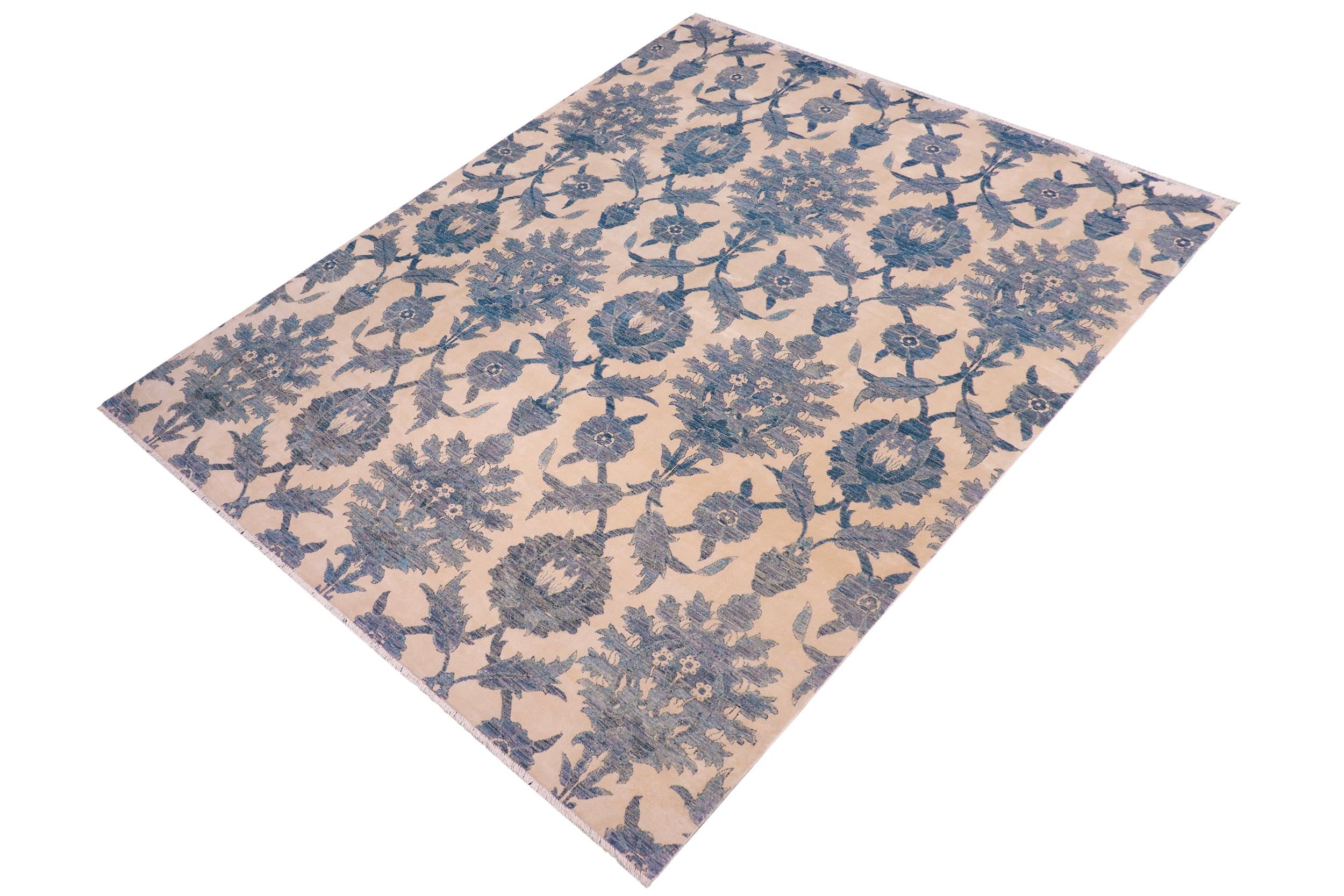 handmade Modern Kafkaz Ivory Blue Hand Knotted RECTANGLE WOOL&SILK area rug 8' x 10'