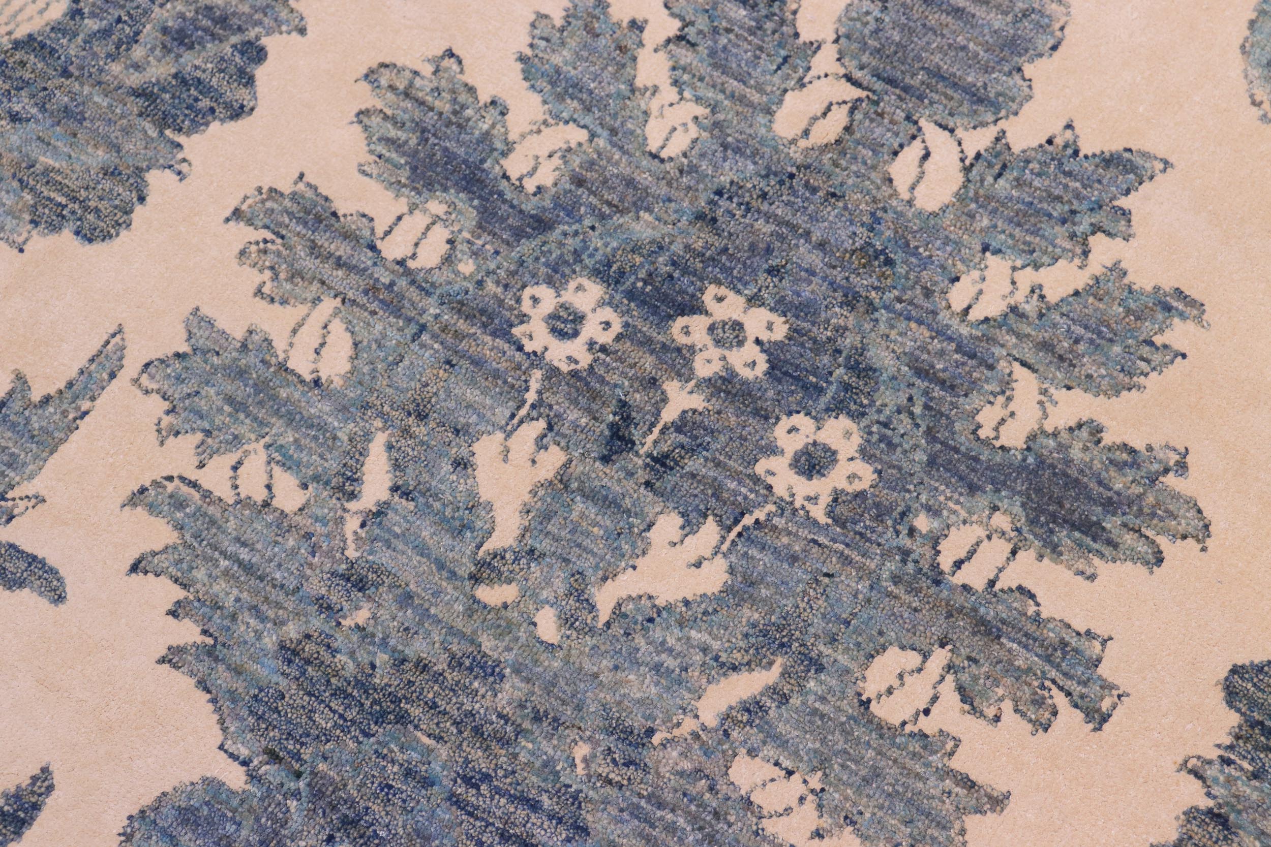 handmade Modern Kafkaz Ivory Blue Hand Knotted RECTANGLE WOOL&SILK area rug 8' x 10'