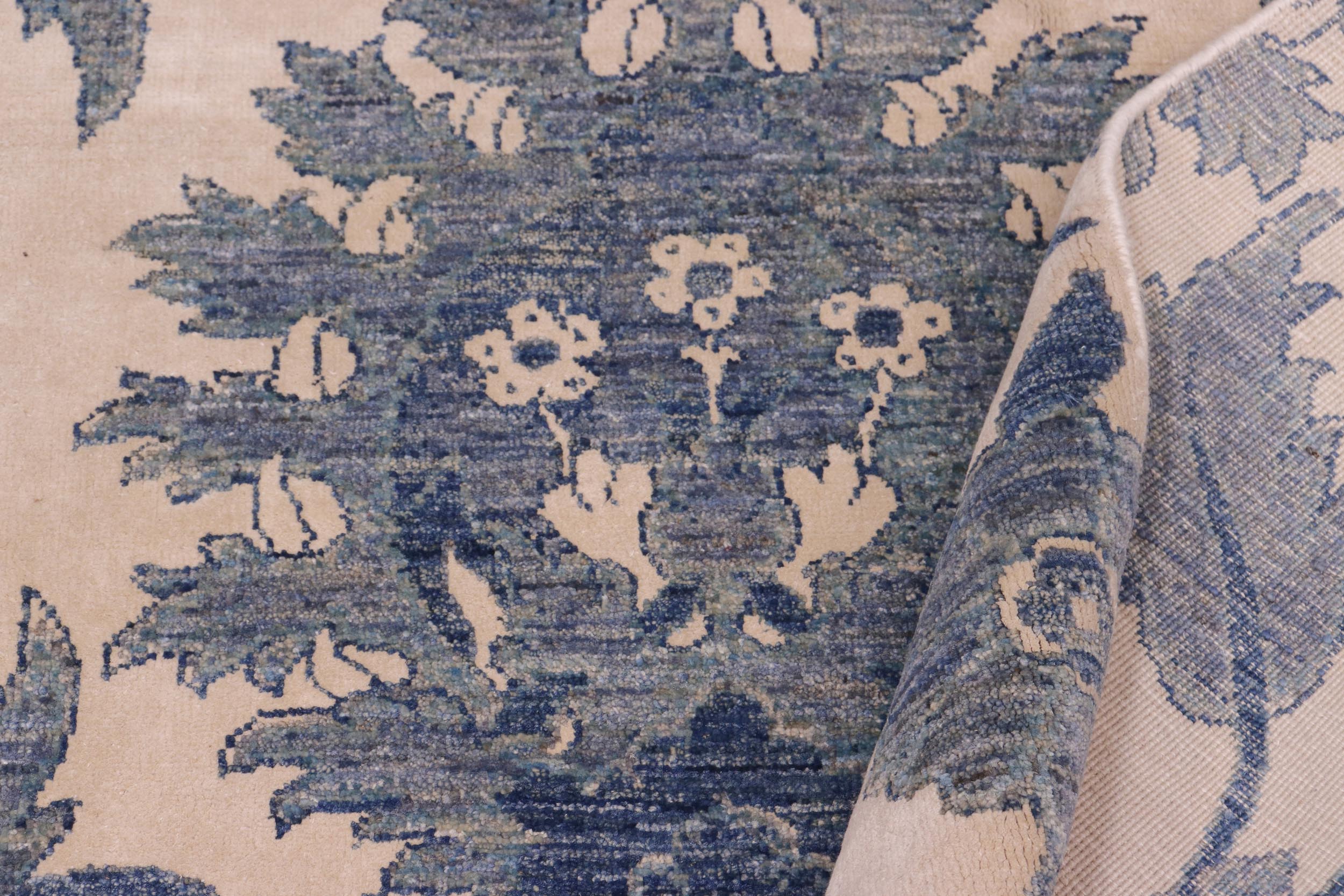 handmade Modern Kafkaz Ivory Blue Hand Knotted RECTANGLE WOOL&SILK area rug 8' x 10'
