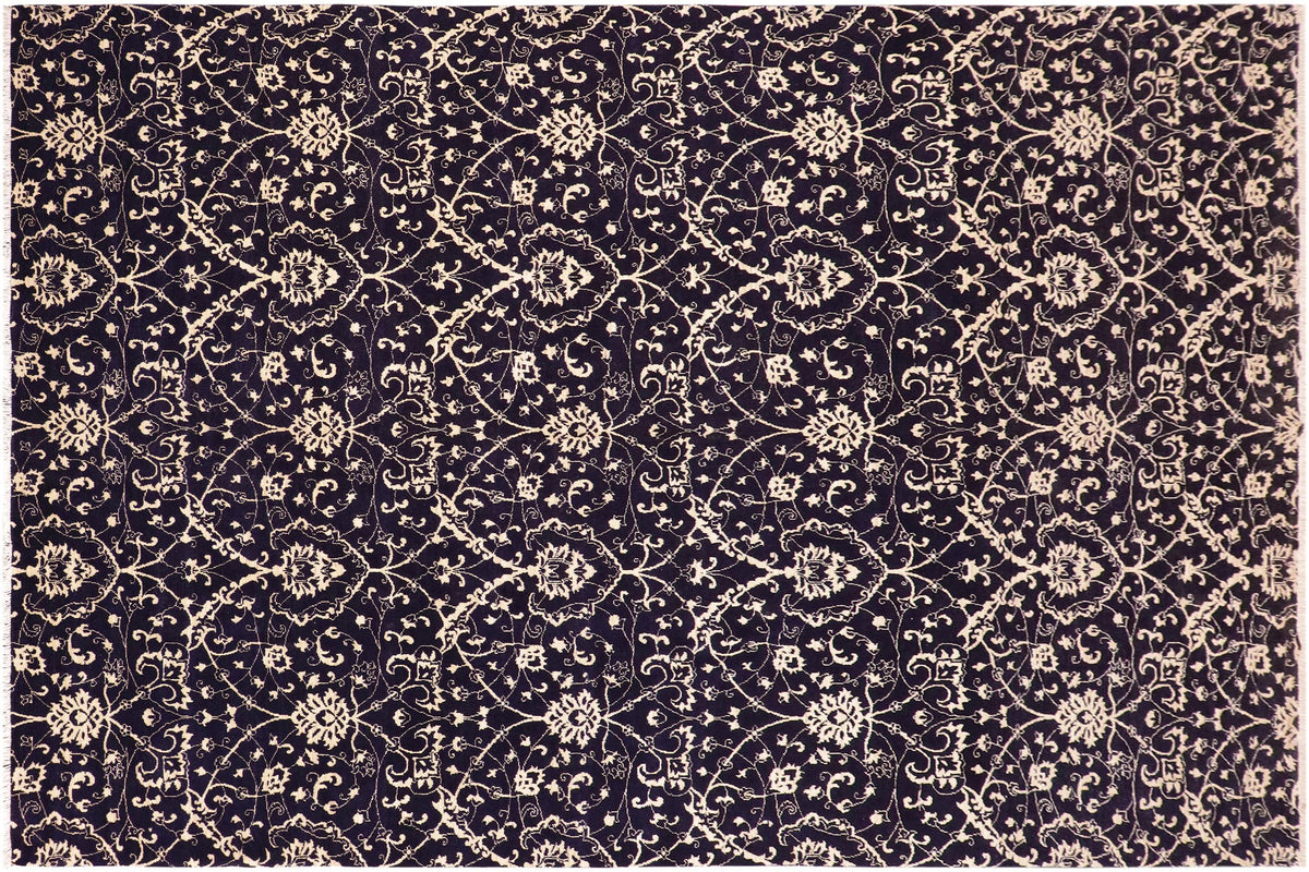 10x14 hand knotted modern wool rug in blue and beige - Eclectic Nadene