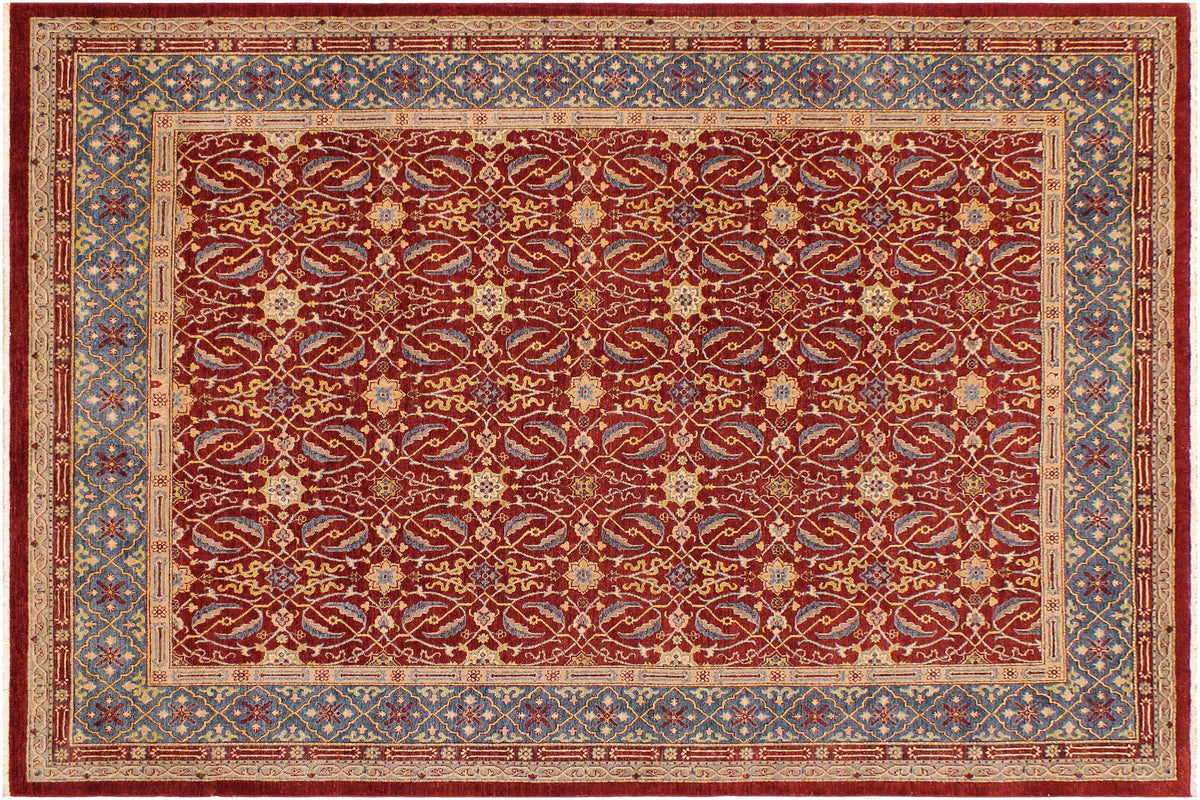 9x11 hand knotted transitional wool rug in red and blue - Oriental Muoi
