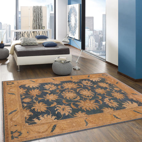 handmade Transitional Kafkaz Blue Gold Hand Knotted RECTANGLE 100% WOOL area rug 10' x 14'