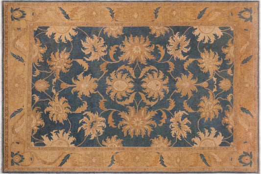 handmade Transitional Kafkaz Blue Gold Hand Knotted RECTANGLE 100% WOOL area rug 10' x 14'