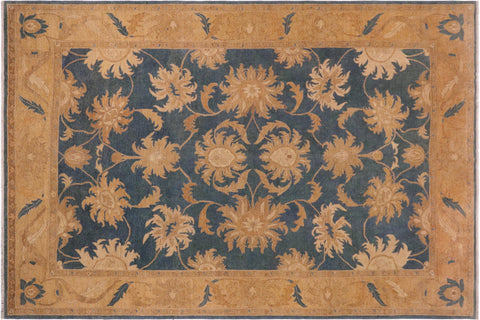 handmade Transitional Kafkaz Blue Gold Hand Knotted RECTANGLE 100% WOOL area rug 10' x 14'