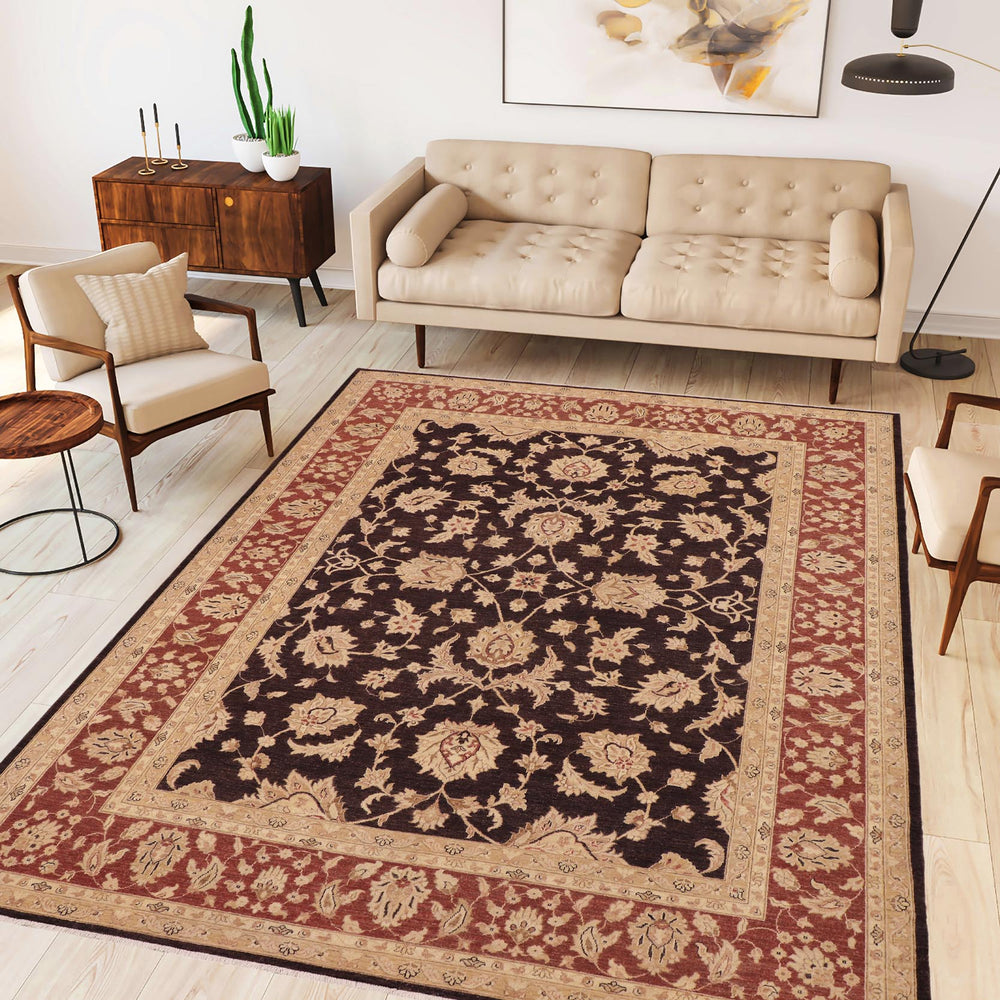 handmade Transitional Kafkaz Aubergine Dull Orange Hand Knotted RECTANGLE 100% WOOL area rug 9' x 12'
