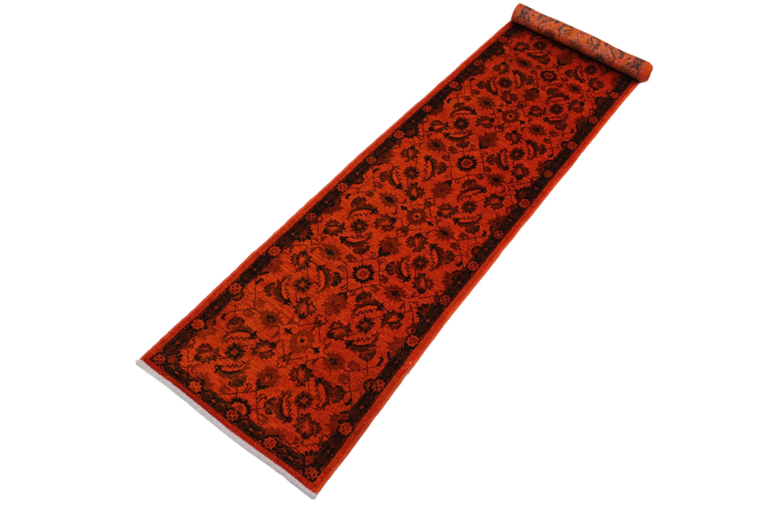 handmade Over Dyed Over Dyed Orange Black Hand Knotted RUNNER 100% WOOL area rug 3' x 12'