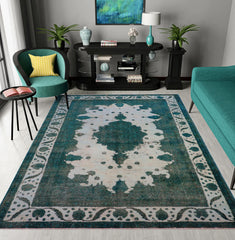 handmade Vintage Vintage Ivory Teal Hand Knotted RECTANGLE 100% WOOL area rug 8' x 11'