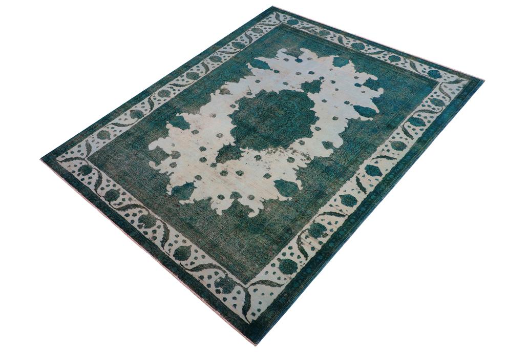 handmade Vintage Vintage Ivory Teal Hand Knotted RECTANGLE 100% WOOL area rug 8x11