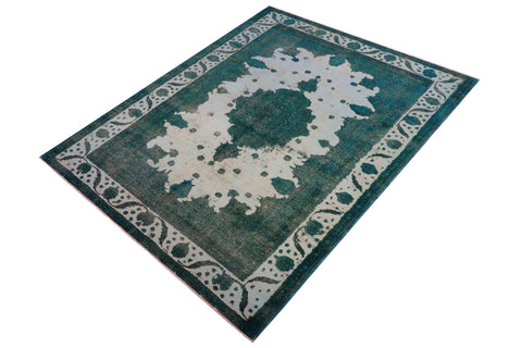 handmade Vintage Vintage Ivory Teal Hand Knotted RECTANGLE 100% WOOL area rug 8' x 11'
