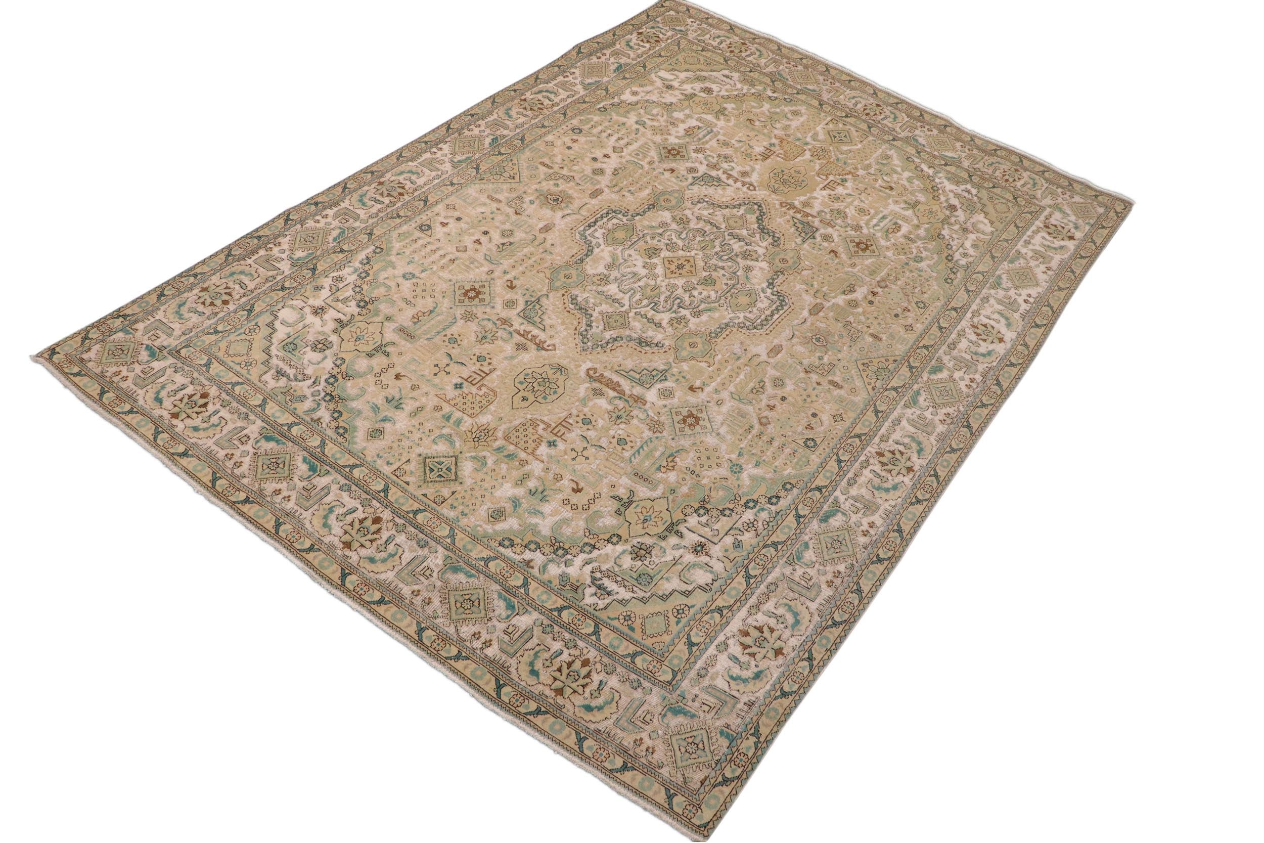 handmade Vintage Vintage White Green Hand Knotted RECTANGLE 100% WOOL area rug 9' x 12'