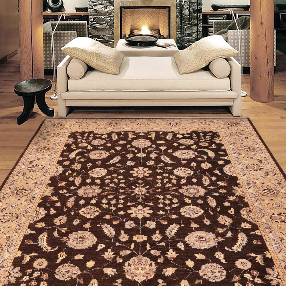 handmade Transitional Kafkaz Brown Tan Hand Knotted RECTANGLE 100% WOOL area rug 9' x 12'