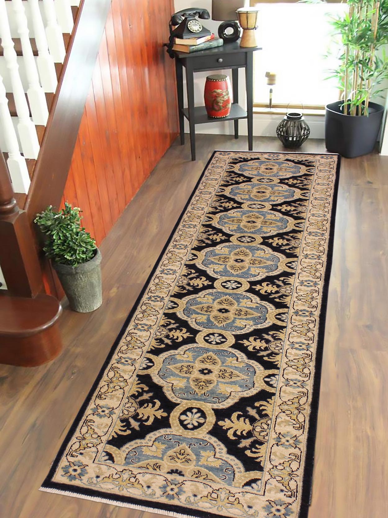 handmade Transitional Kafkaz Blue Ivory Hand Knotted RUNNER 100% WOOL area rug 3' x 10'
