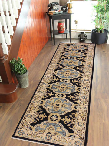 handmade Transitional Kafkaz Blue Ivory Hand Knotted RUNNER 100% WOOL area rug 3' x 10'