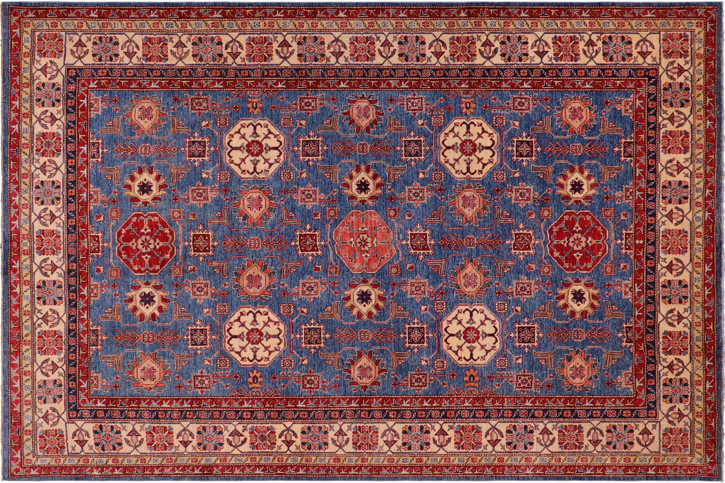 handmade Geometric Super Kazak Lt. Blue Tan Hand Knotted RECTANGLE 100% WOOL area rug 8' x 10'