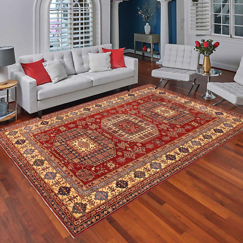 handmade Geometric Super Kazak Red Tan Hand Knotted RECTANGLE 100% WOOL area rug 7' x 10'