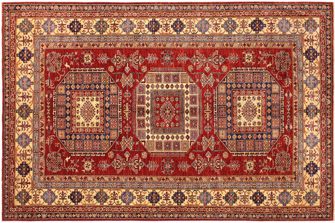handmade Geometric Super Kazak Red Tan Hand Knotted RECTANGLE 100% WOOL area rug 7' x 10'
