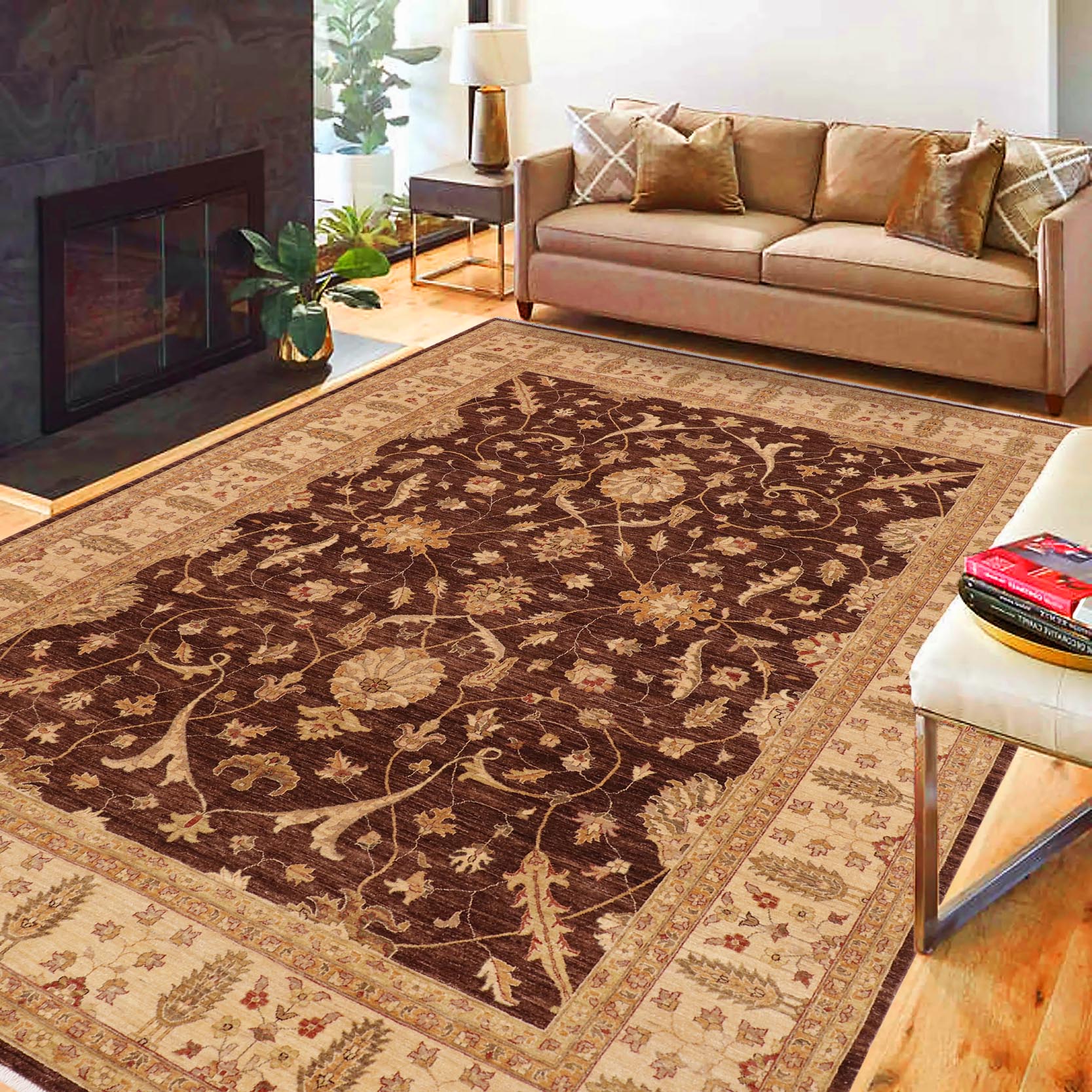 handmade Transitional Kafkaz Brown Beige Hand Knotted RECTANGLE 100% WOOL area rug 9' x 11'