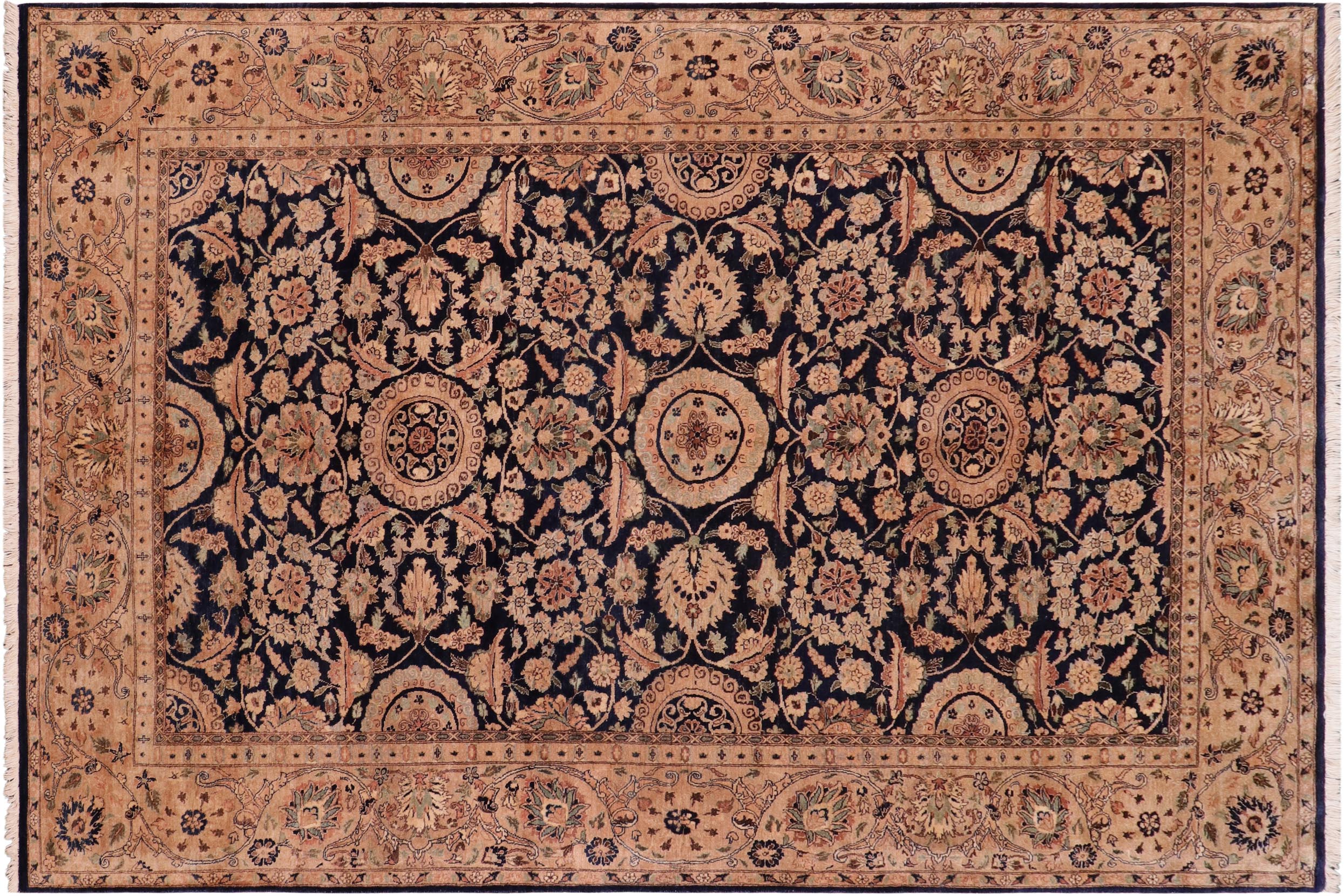 handmade Traditional Agra Tabriz Blue Tan Hand Knotted RECTANGLE 100% WOOL area rug 6x9