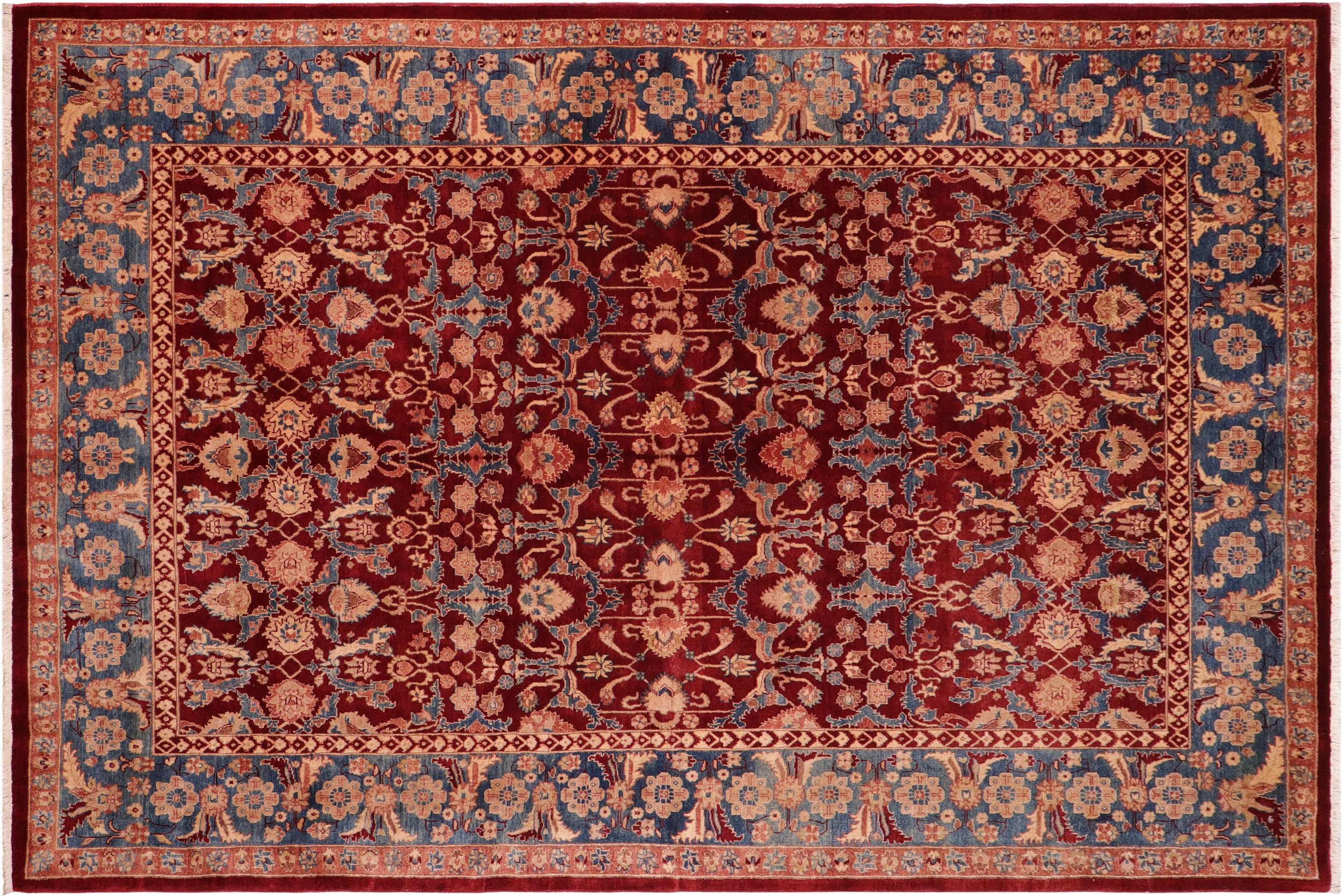 handmade Traditional Lahore Drk. Red Teal Blue Hand Knotted RECTANGLE 100% WOOL area rug 6' x 9'