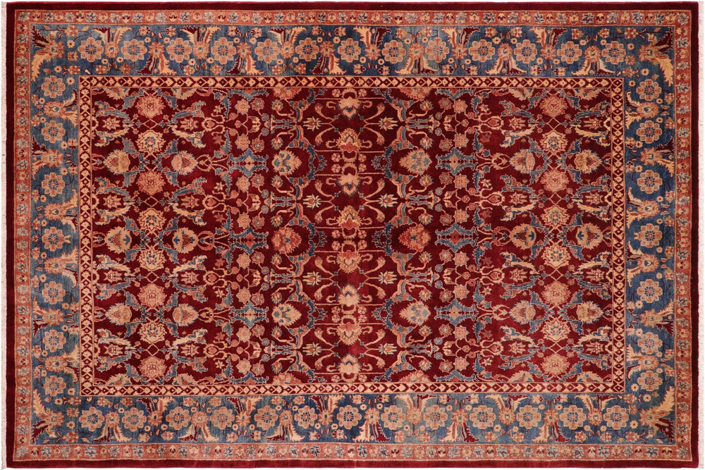 handmade Traditional Lahore Drk. Red Teal Blue Hand Knotted RECTANGLE 100% WOOL area rug 6' x 9'