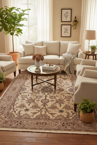 handmade Traditional Lahore Tan Lt. Brown Hand Knotted RECTANGLE 100% WOOL area rug 6' x 9'