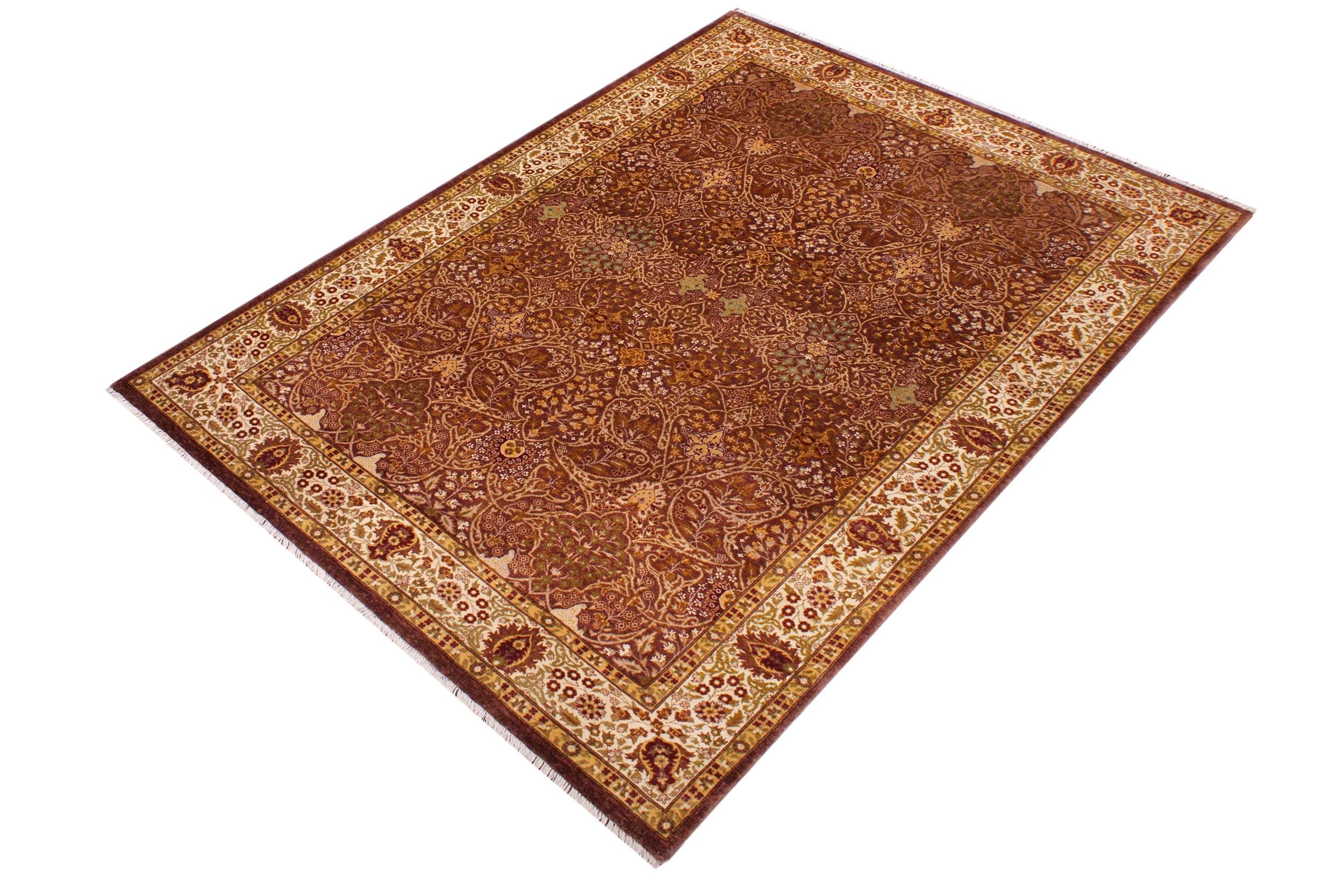 handmade Traditional New Wahid Brown Ivory Hand Knotted RECTANGLE 100% WOOL area rug 6' x 9'