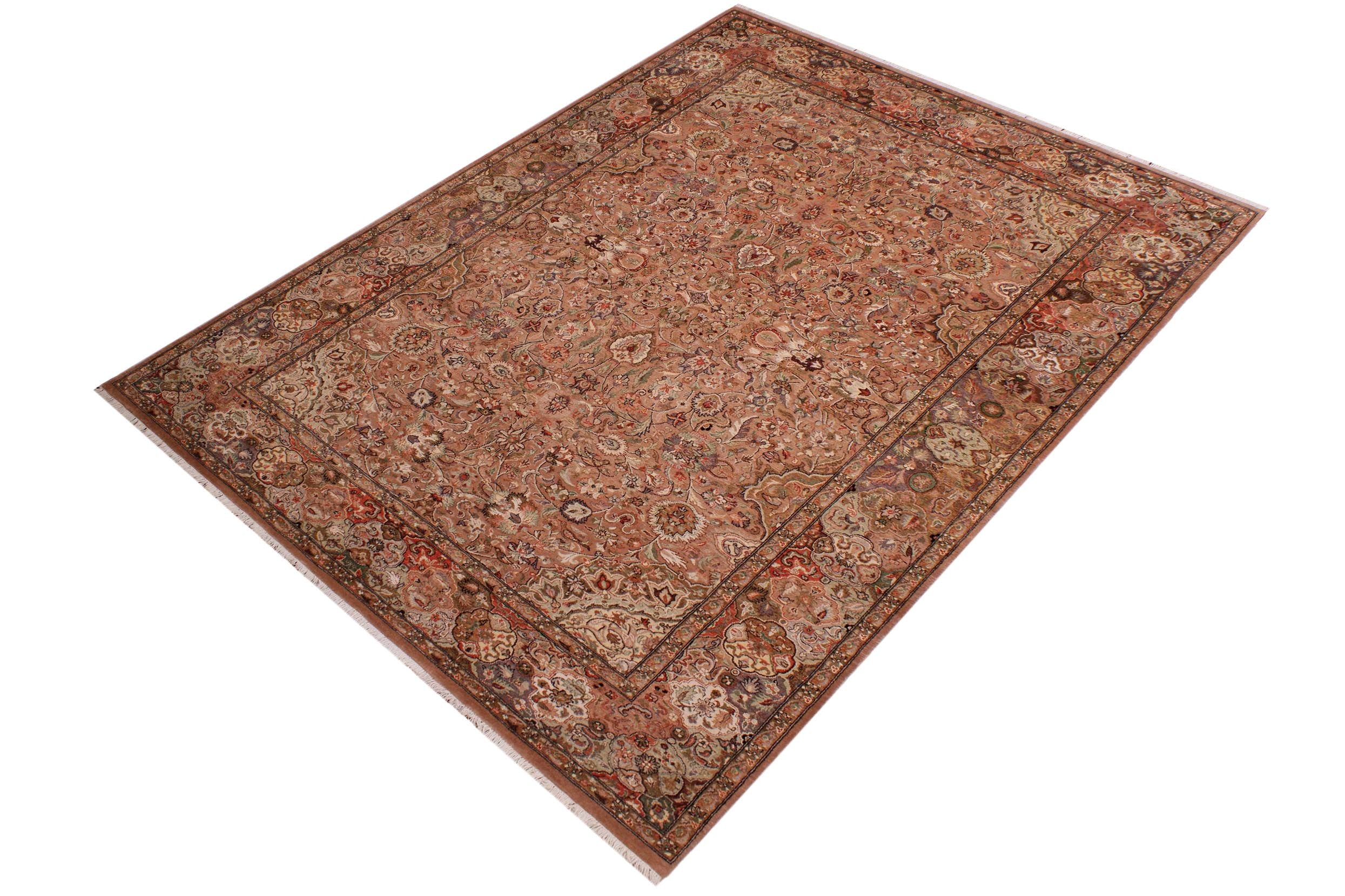 handmade Traditional Lahore Tan Lt. Brown Hand Knotted RECTANGLE WOOL&SILK area rug 6x9