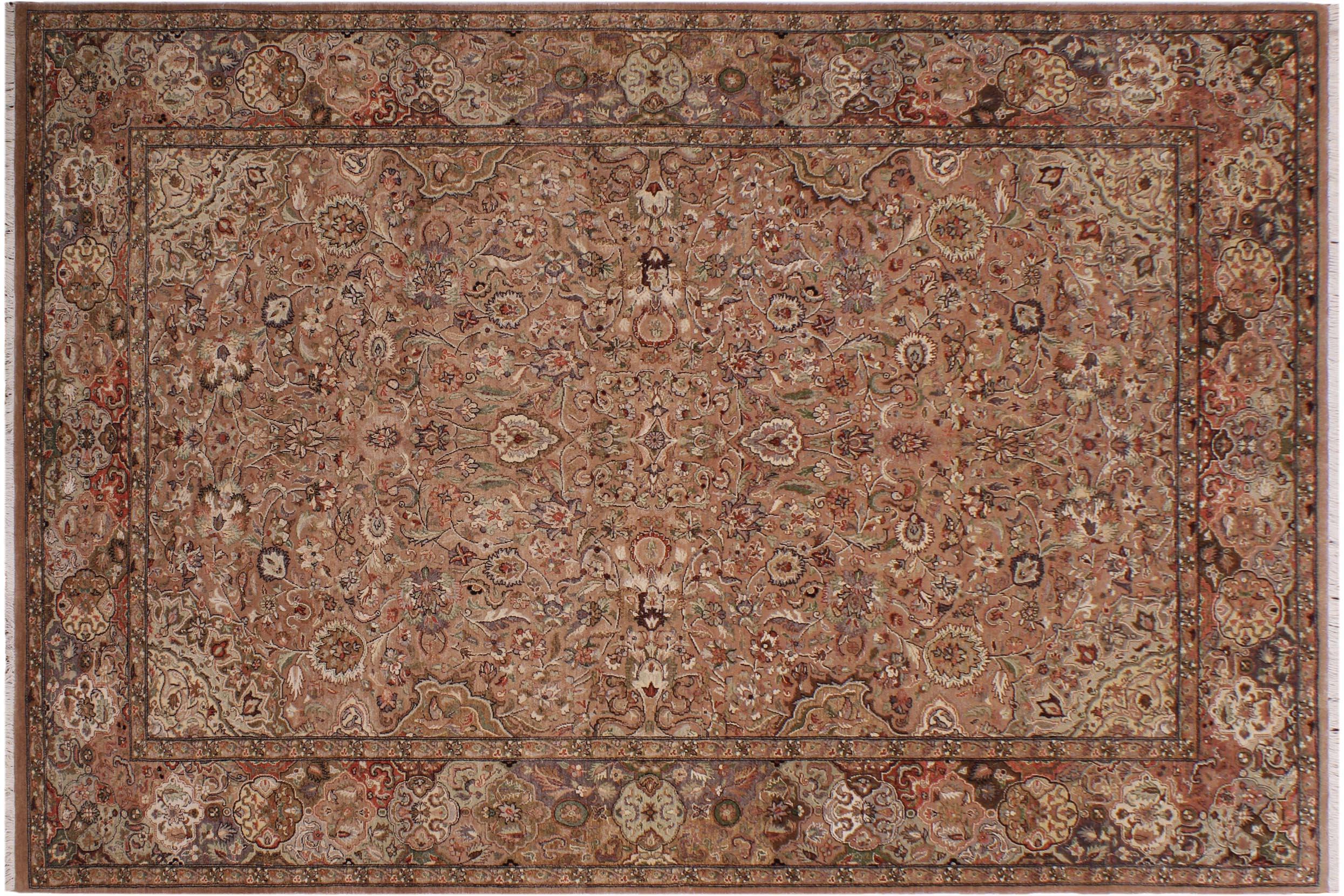 handmade Traditional Lahore Tan Lt. Brown Hand Knotted RECTANGLE WOOL&SILK area rug 6x9