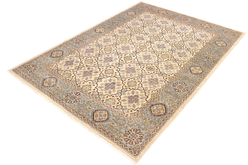 handmade Transitional Kafkaz Ivory Lt. Blue Hand Knotted RECTANGLE 100% WOOL area rug 6' x 8'