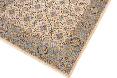 handmade Transitional Kafkaz Ivory Lt. Blue Hand Knotted RECTANGLE 100% WOOL area rug 6' x 8'