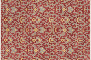 6x9 hand knotted modern wool rug in red and gray - Modern Shaun