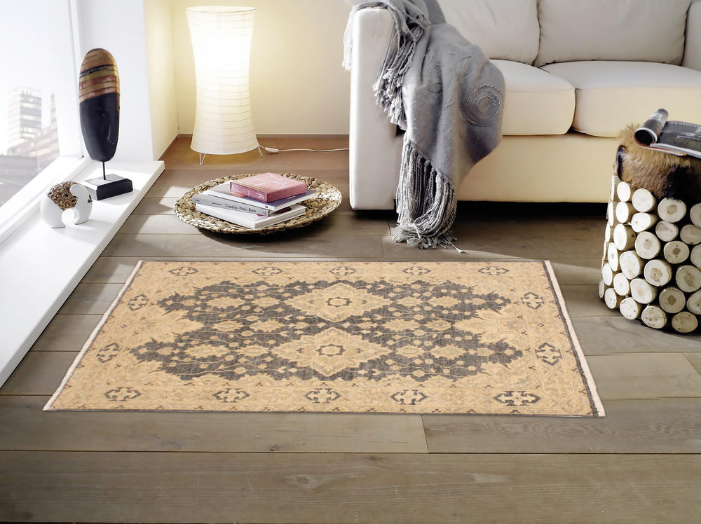 handmade Transitional Kafkaz Gray Tan Hand Knotted RECTANGLE 100% WOOL area rug 4' x 6'