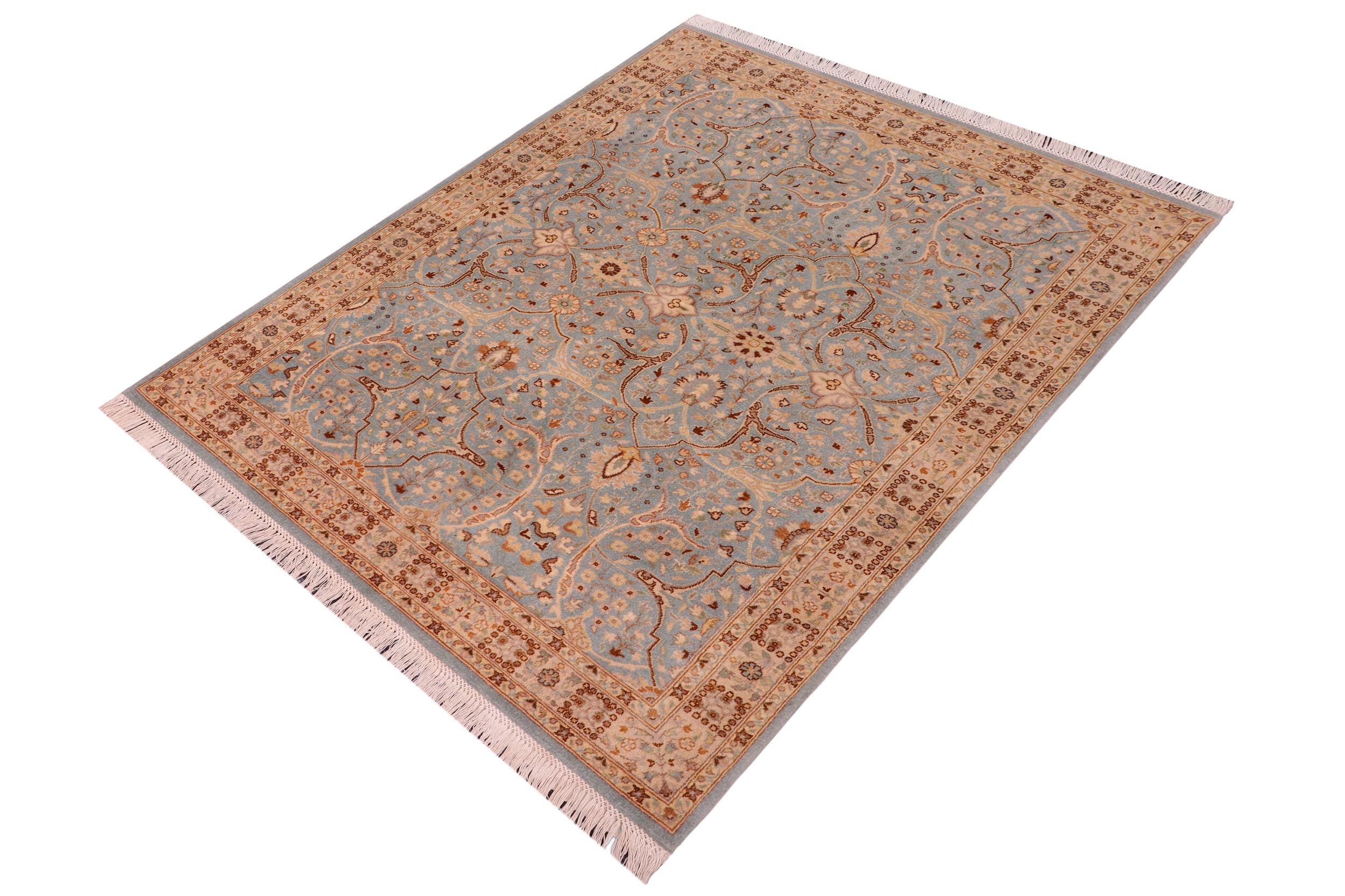 handmade Traditional Design Blue Ivory Hand Knotted RECTANGLE 100% WOOL area rug 4' x 6'