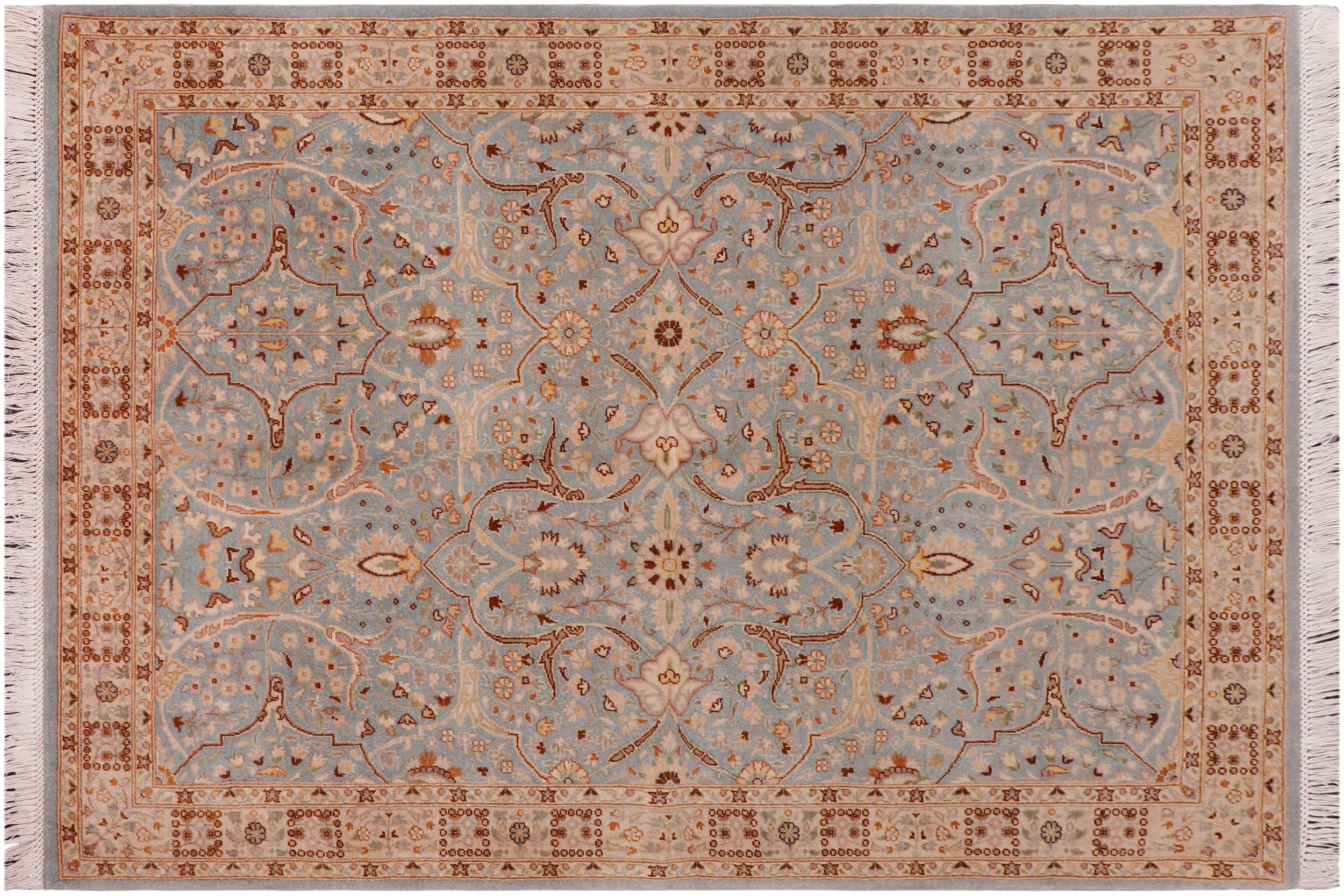 handmade Traditional Design Blue Ivory Hand Knotted RECTANGLE 100% WOOL area rug 4' x 6'