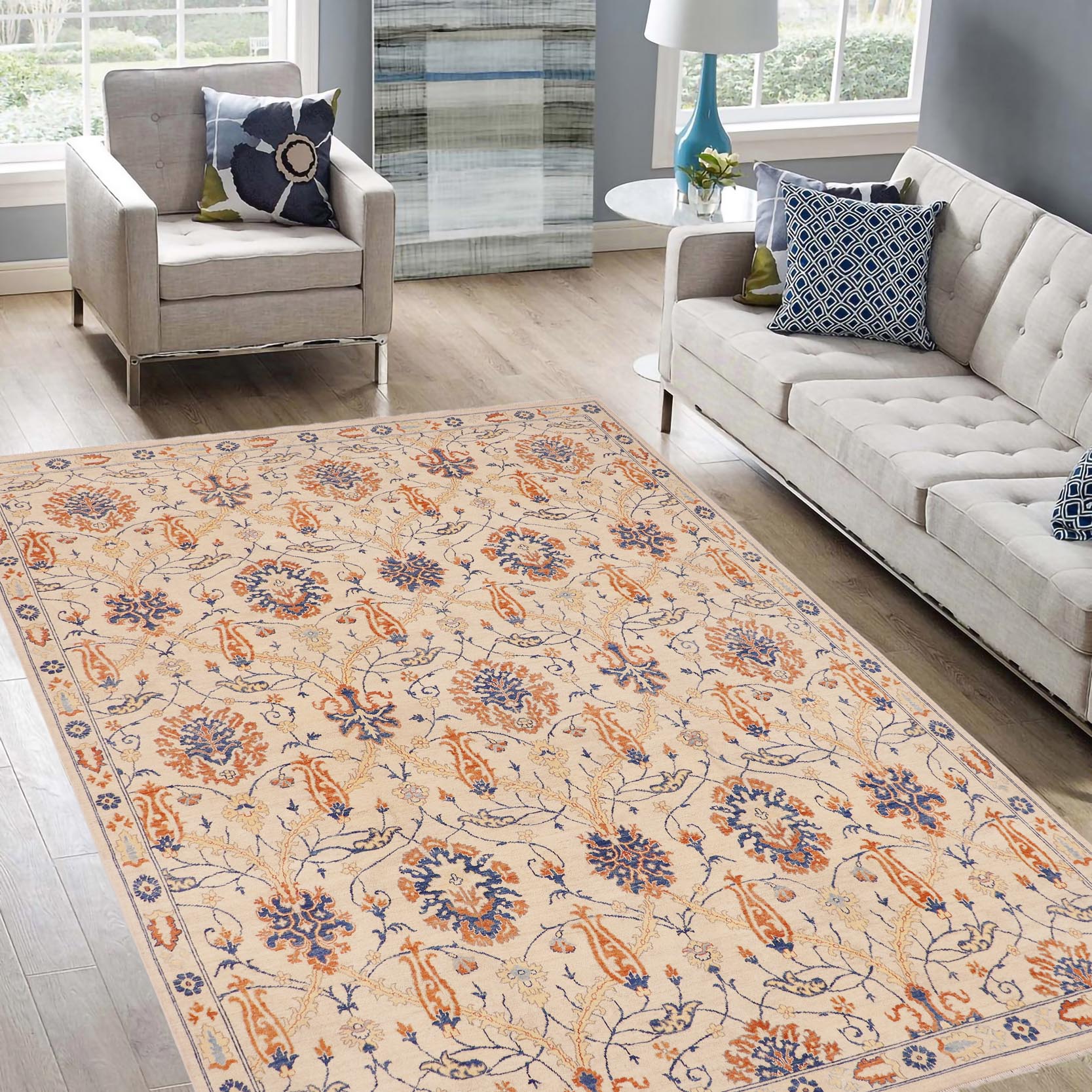 handmade Modern Kafkaz Beige Blue Hand Knotted RECTANGLE 100% WOOL area rug 9' x 11'