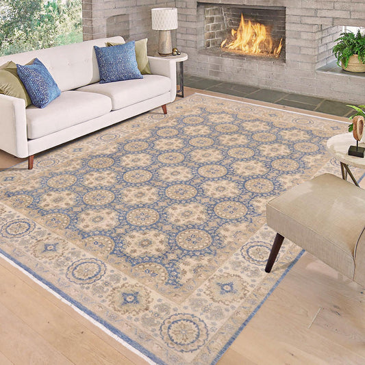 handmade Transitional Kafkaz Lt. Blue Beige Hand Knotted RECTANGLE 100% WOOL area rug 9' x 12'
