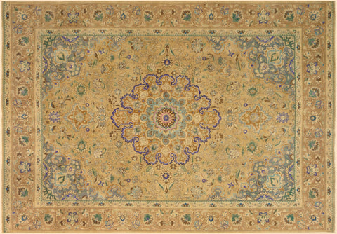 handmade Vintage Hand Painte Tan Gray Hand Knotted RECTANGLE 100% WOOL area rug 9' x 13'