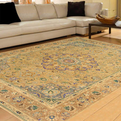 handmade Vintage Hand Painte Tan Gray Hand Knotted RECTANGLE 100% WOOL area rug 9' x 13'