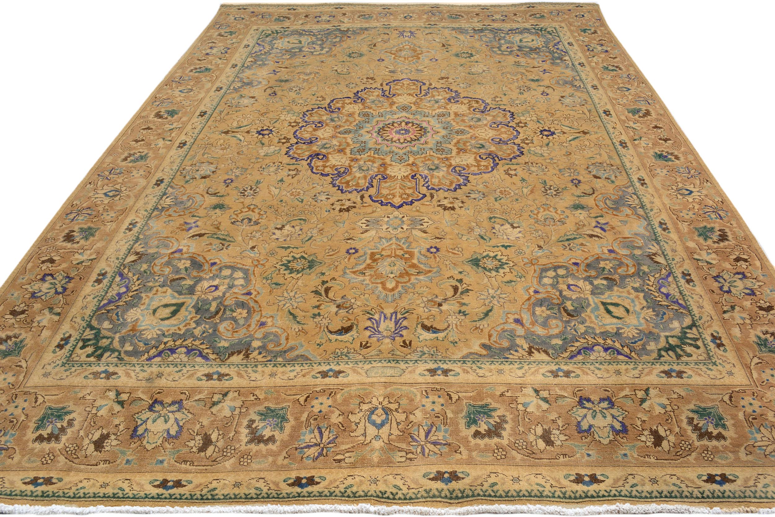 handmade Vintage Hand Painte Tan Gray Hand Knotted RECTANGLE 100% WOOL area rug 9' x 13'