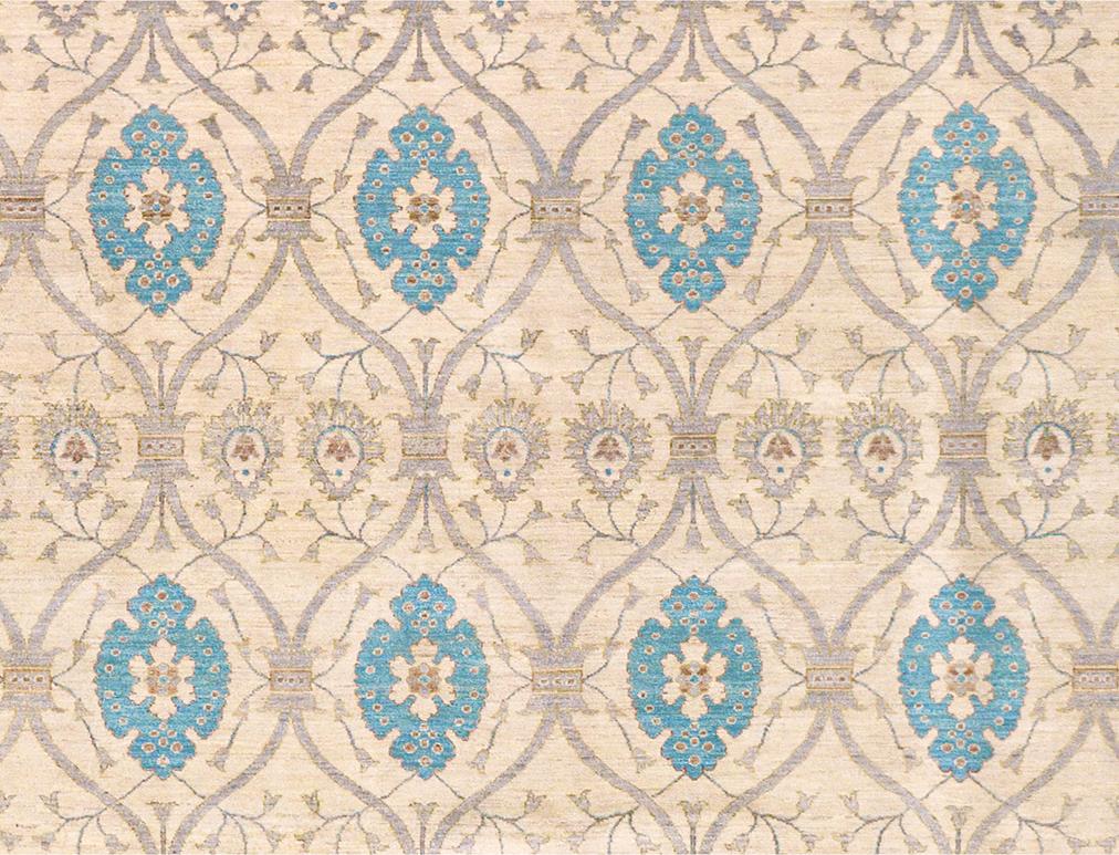 handmade Modern Kafkaz Ivory Blue Hand Knotted RECTANGLE 100% WOOL area rug 12 x 15