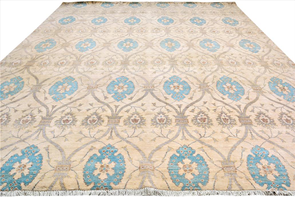 handmade Modern Kafkaz Ivory Blue Hand Knotted RECTANGLE 100% WOOL area rug 12 x 15