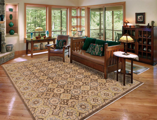 handmade Transitional Kafkaz Brown Green Hand Knotted RECTANGLE 100% WOOL area rug 9' x 11'